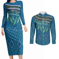 Aotearoa Maori Ngati Kahungunu Iwi Paua Blue Couples Matching Long Sleeve Bodycon Dress and Long Sleeve Button Shirt Korowai Tukutuku Kaokao Motifs