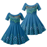 Aotearoa Maori Ngati Kahungunu Iwi Paua Blue Family Matching Off Shoulder Short Dress and Hawaiian Shirt Korowai Tukutuku Kaokao Motifs