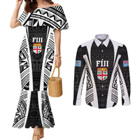 Personalised Fiji Rugby Couples Matching Mermaid Dress and Long Sleeve Button Shirts 2023 World Cup History Makers - Black Ver LT7 Black - Polynesian Pride