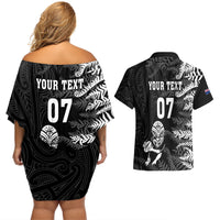 Personalised New Zealand Rugby Couples Matching Off Shoulder Short Dress and Hawaiian Shirt Silver Fern Basic 2023 World Cup LT7 - Polynesian Pride