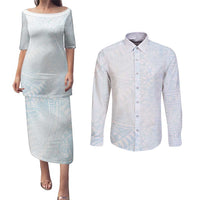 White Sunday Couples Matching Puletasi and Long Sleeve Button Shirt Plumeria Tatau Mix Tapa LT7 White - Polynesian Pride