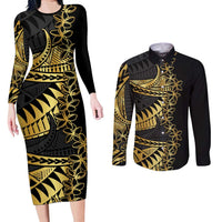 Polynesia Couples Matching Long Sleeve Bodycon Dress and Long Sleeve Button Shirt Black & Gold Fancy Plumeria