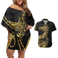 Polynesia Couples Matching Off Shoulder Short Dress and Hawaiian Shirt Black & Gold Fancy Plumeria LT7 Black Gold - Polynesian Pride