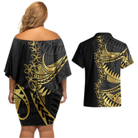 Polynesia Couples Matching Off Shoulder Short Dress and Hawaiian Shirt Black & Gold Fancy Plumeria LT7 - Polynesian Pride