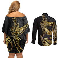 Polynesia Couples Matching Off Shoulder Short Dress and Long Sleeve Button Shirt Black & Gold Fancy Plumeria LT7 - Polynesian Pride