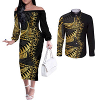 Polynesia Couples Matching Off The Shoulder Long Sleeve Dress and Long Sleeve Button Shirt Black & Gold Fancy Plumeria LT7 Black Gold - Polynesian Pride