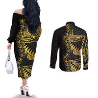Polynesia Couples Matching Off The Shoulder Long Sleeve Dress and Long Sleeve Button Shirt Black & Gold Fancy Plumeria LT7 - Polynesian Pride