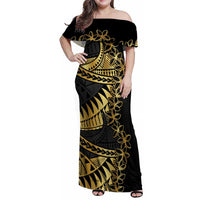 Polynesia Family Matching Off Shoulder Maxi Dress and Hawaiian Shirt Black & Gold Fancy Plumeria