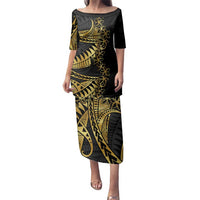 Polynesia Family Matching Puletasi and Hawaiian Shirt Black & Gold Fancy Plumeria