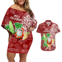 Hawaii Christmas Mele Kalikimaka Couples Matching Off Shoulder Short Dress and Hawaiian Shirt Santa Claus LT7 Red - Polynesian Pride