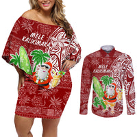 Hawaii Christmas Mele Kalikimaka Couples Matching Off Shoulder Short Dress and Long Sleeve Button Shirt Santa Claus LT7 Red - Polynesian Pride