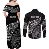 Aotearoa Personalized Lawn Bowls Maori Couples Matching Off Shoulder Maxi Dress and Long Sleeve Button Shirt New Zealand Black Tribal Silver Fern - Polynesian Pride