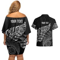 Aotearoa Personalized Lawn Bowls Maori Couples Matching Off Shoulder Short Dress and Hawaiian Shirt New Zealand Black Tribal Silver Fern - Polynesian Pride
