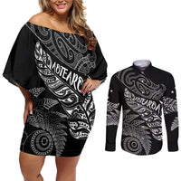 Aotearoa Personalized Lawn Bowls Maori Couples Matching Off Shoulder Short Dress and Long Sleeve Button Shirt New Zealand Black Tribal Silver Fern - Polynesian Pride