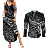 Aotearoa Personalized Lawn Bowls Maori Couples Matching Summer Maxi Dress and Long Sleeve Button Shirt New Zealand Black Tribal Silver Fern - Polynesian Pride