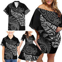 Aotearoa Personalized Lawn Bowls Maori Family Matching Off Shoulder Short Dress and Hawaiian Shirt New Zealand Black Tribal Silver Fern - Polynesian Pride