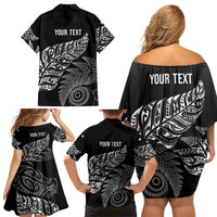 Aotearoa Personalized Lawn Bowls Maori Family Matching Off Shoulder Short Dress and Hawaiian Shirt New Zealand Black Tribal Silver Fern - Polynesian Pride