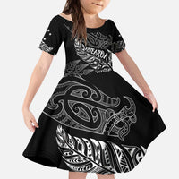 Aotearoa Personalized Lawn Bowls Maori Kid Short Sleeve Dress New Zealand Black Tribal Silver Fern - Polynesian Pride