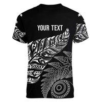 Aotearoa Personalized Lawn Bowls Maori Women V-Neck T-Shirt New Zealand Black Tribal Silver Fern - Polynesian Pride