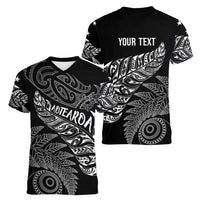 Aotearoa Personalized Lawn Bowls Maori Women V-Neck T-Shirt New Zealand Black Tribal Silver Fern - Polynesian Pride