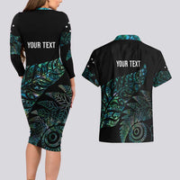 Aotearoa Personalized Lawn Bowls Maori Couples Matching Long Sleeve Bodycon Dress and Hawaiian Shirt New Zealand Paua Shell Tribal Silver Fern - Polynesian Pride