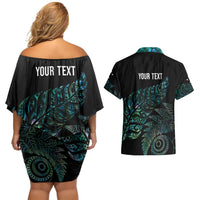 Aotearoa Personalized Lawn Bowls Maori Couples Matching Off Shoulder Short Dress and Hawaiian Shirt New Zealand Paua Shell Tribal Silver Fern - Polynesian Pride