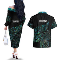 Aotearoa Personalized Lawn Bowls Maori Couples Matching Off The Shoulder Long Sleeve Dress and Hawaiian Shirt New Zealand Paua Shell Tribal Silver Fern - Polynesian Pride