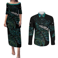 Aotearoa Personalized Lawn Bowls Maori Couples Matching Puletasi and Long Sleeve Button Shirt New Zealand Paua Shell Tribal Silver Fern - Polynesian Pride