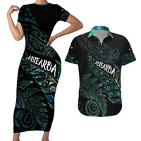 Aotearoa Personalized Lawn Bowls Maori Couples Matching Short Sleeve Bodycon Dress and Hawaiian Shirt New Zealand Paua Shell Tribal Silver Fern - Polynesian Pride