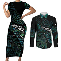 Aotearoa Personalized Lawn Bowls Maori Couples Matching Short Sleeve Bodycon Dress and Long Sleeve Button Shirt New Zealand Paua Shell Tribal Silver Fern - Polynesian Pride