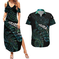 Aotearoa Personalized Lawn Bowls Maori Couples Matching Summer Maxi Dress and Hawaiian Shirt New Zealand Paua Shell Tribal Silver Fern - Polynesian Pride