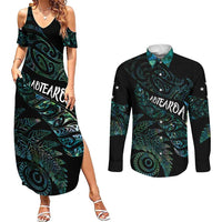 Aotearoa Personalized Lawn Bowls Maori Couples Matching Summer Maxi Dress and Long Sleeve Button Shirt New Zealand Paua Shell Tribal Silver Fern - Polynesian Pride