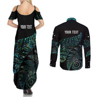 Aotearoa Personalized Lawn Bowls Maori Couples Matching Summer Maxi Dress and Long Sleeve Button Shirt New Zealand Paua Shell Tribal Silver Fern - Polynesian Pride