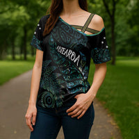 Aotearoa Personalized Lawn Bowls Maori Cross Shoulder Shirt New Zealand Paua Shell Tribal Silver Fern - Polynesian Pride
