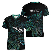 Aotearoa Personalized Lawn Bowls Maori Women V-Neck T-Shirt New Zealand Paua Shell Tribal Silver Fern - Polynesian Pride