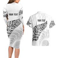 Aotearoa Personalized Lawn Bowls Maori Couples Matching Long Sleeve Bodycon Dress and Hawaiian Shirt New Zealand White Tribal Silver Fern - Polynesian Pride