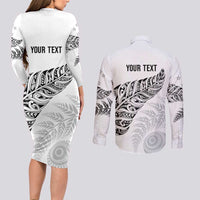 Aotearoa Personalized Lawn Bowls Maori Couples Matching Long Sleeve Bodycon Dress and Long Sleeve Button Shirt New Zealand White Tribal Silver Fern - Polynesian Pride