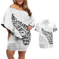 Aotearoa Personalized Lawn Bowls Maori Couples Matching Off Shoulder Short Dress and Hawaiian Shirt New Zealand White Tribal Silver Fern - Polynesian Pride