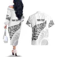 Aotearoa Personalized Lawn Bowls Maori Couples Matching Off The Shoulder Long Sleeve Dress and Hawaiian Shirt New Zealand White Tribal Silver Fern - Polynesian Pride
