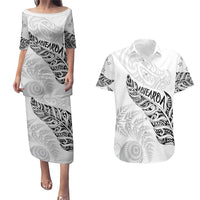 Aotearoa Personalized Lawn Bowls Maori Couples Matching Puletasi and Hawaiian Shirt New Zealand White Tribal Silver Fern - Polynesian Pride