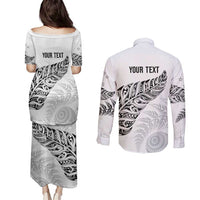 Aotearoa Personalized Lawn Bowls Maori Couples Matching Puletasi and Long Sleeve Button Shirt New Zealand White Tribal Silver Fern - Polynesian Pride