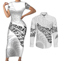Aotearoa Personalized Lawn Bowls Maori Couples Matching Short Sleeve Bodycon Dress and Long Sleeve Button Shirt New Zealand White Tribal Silver Fern - Polynesian Pride