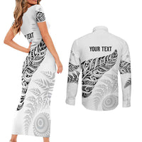 Aotearoa Personalized Lawn Bowls Maori Couples Matching Short Sleeve Bodycon Dress and Long Sleeve Button Shirt New Zealand White Tribal Silver Fern - Polynesian Pride