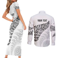 Aotearoa Personalized Lawn Bowls Maori Couples Matching Short Sleeve Bodycon Dress and Long Sleeve Button Shirt New Zealand White Tribal Silver Fern - Polynesian Pride