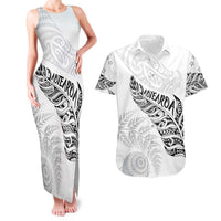Aotearoa Personalized Lawn Bowls Maori Couples Matching Tank Maxi Dress and Hawaiian Shirt New Zealand White Tribal Silver Fern - Polynesian Pride