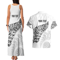 Aotearoa Personalized Lawn Bowls Maori Couples Matching Tank Maxi Dress and Hawaiian Shirt New Zealand White Tribal Silver Fern - Polynesian Pride