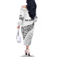 Aotearoa Personalized Lawn Bowls Maori Family Matching Off The Shoulder Long Sleeve Dress and Hawaiian Shirt New Zealand White Tribal Silver Fern - Polynesian Pride
