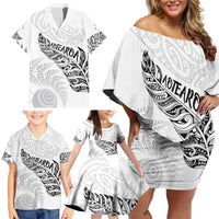 Aotearoa Personalized Lawn Bowls Maori Family Matching Off Shoulder Short Dress and Hawaiian Shirt New Zealand White Tribal Silver Fern - Polynesian Pride