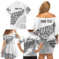 Aotearoa Personalized Lawn Bowls Maori Family Matching Off Shoulder Short Dress and Hawaiian Shirt New Zealand White Tribal Silver Fern - Polynesian Pride