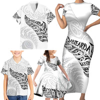 Aotearoa Personalized Lawn Bowls Maori Family Matching Short Sleeve Bodycon Dress and Hawaiian Shirt New Zealand White Tribal Silver Fern - Polynesian Pride